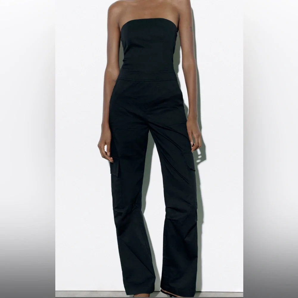 Zara strapless cargo jumpsuit black size small blogger favorite - Picture 4 of 16